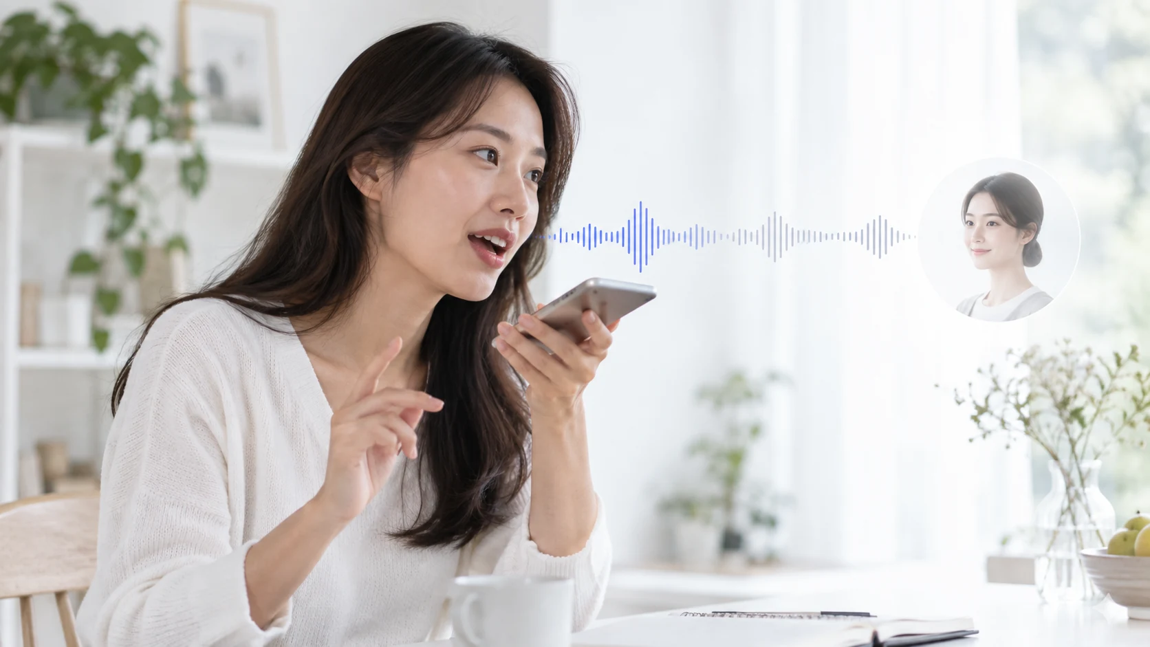 휴대전화로 예약 내용을 말하다가 중간에 시간을 정정하는 사람의 자연스러운 대화 장면입니다.