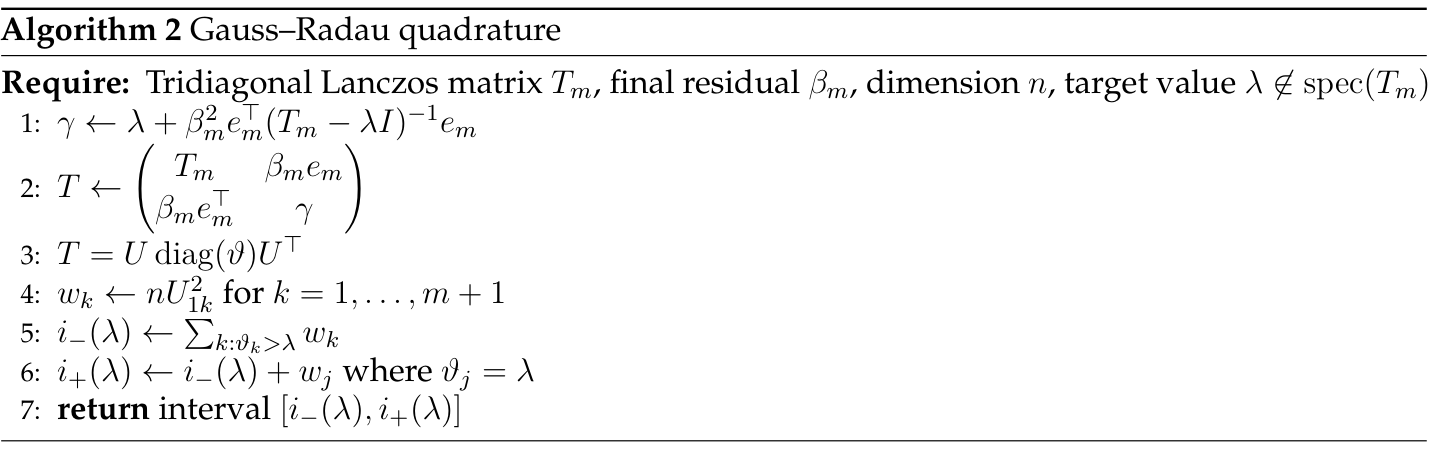 Algorithm 2 — 검사할 eigenvalue의 순위 하한·상한을 계산한다. 유한한 Lanczos 깊이로 생기는 불확실성을 한 점 추정과 구분한다.
